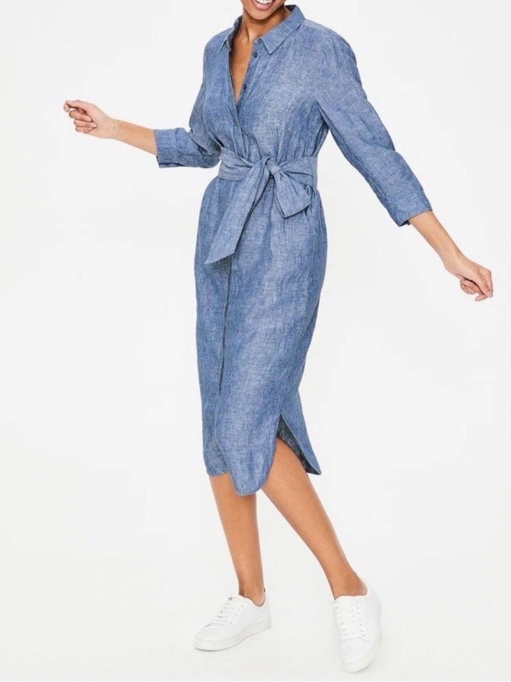 Boden Freya Linen blend Blue Shirt Midi Dress with Tie Waist size 2 R